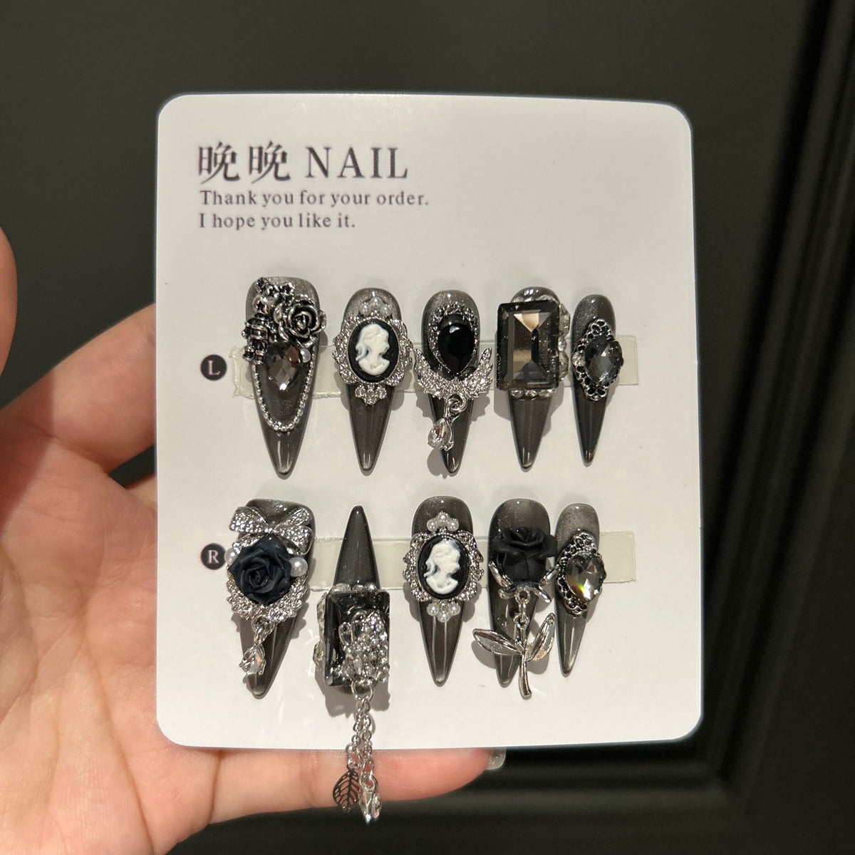 Handmade Black Gothic Cameo Portrait Long Stiletto Press On Nails with Black Roses & Rhinestone Chains