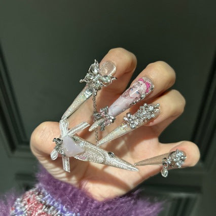 Handmade Champagne Glitter Long Stiletto Press On Nails, Anime Girl Print False Nails with Pink Heart Gems, Bow & Dangling Chains