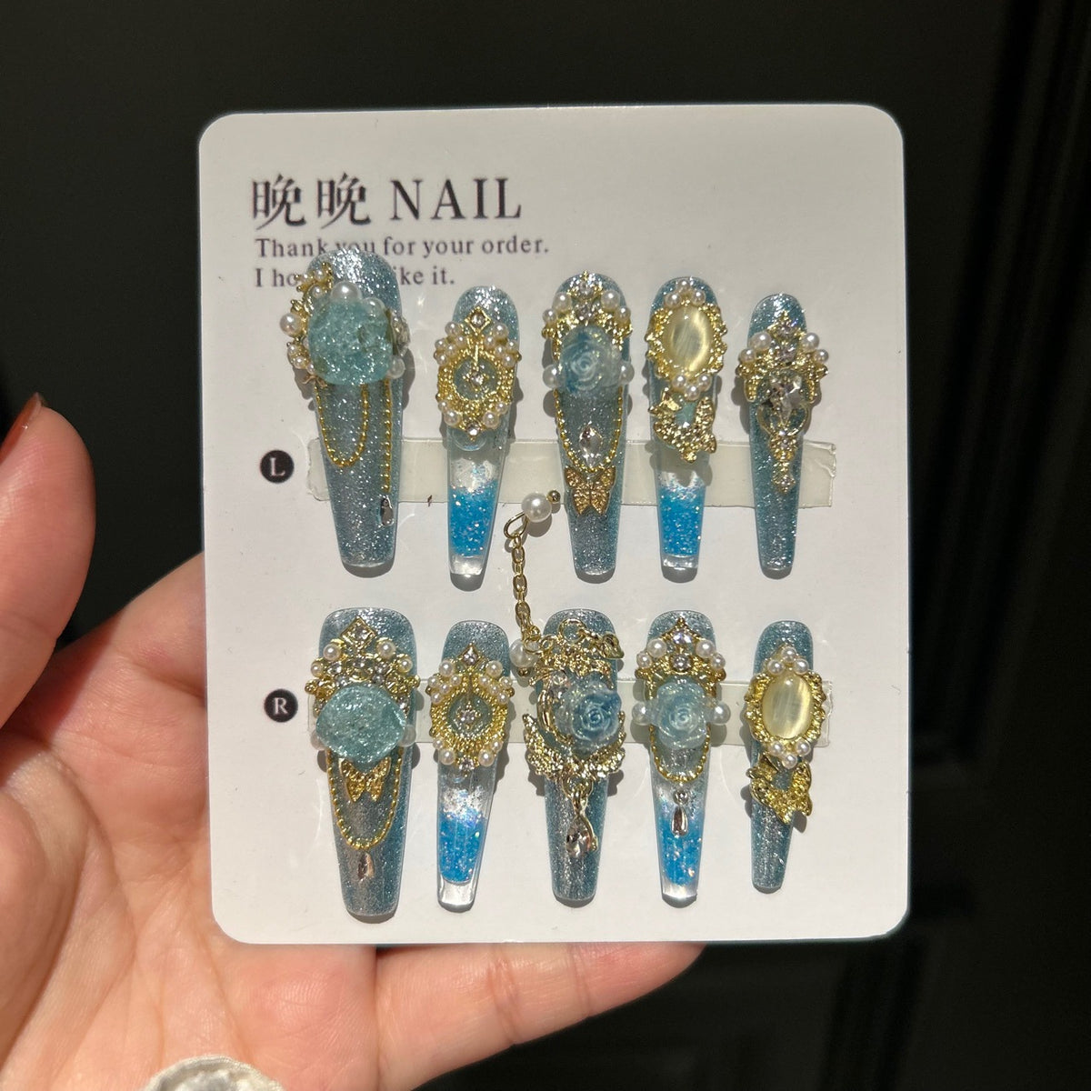 Handmade Sparkly Blue Rose Gold Long Coffin Press On Nails with Pearls & Dangling Chains