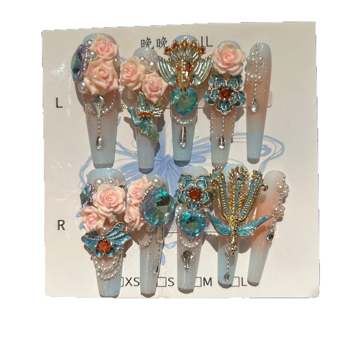 Blue and Gold Gradient Coffin Press-on Nails with 3D Pink Rose, Enamel Peacock Charms, and Hanging Pearl Drops - Oriental Glam Fake Nail Set