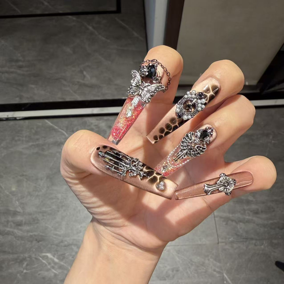 Handmade Leopard Print Champagne Long Coffin Press On Nails with Vintage Silver Cross, Wing & Dangling Chain Charms