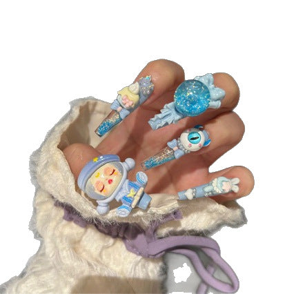 Handmade Kawaii Blue 3D Doll Press On Nails, Long Stiletto Pop Mart Inspired False Nails, Glitter Bow Pom Pom Reusable Fake Nails For Cosplay Party