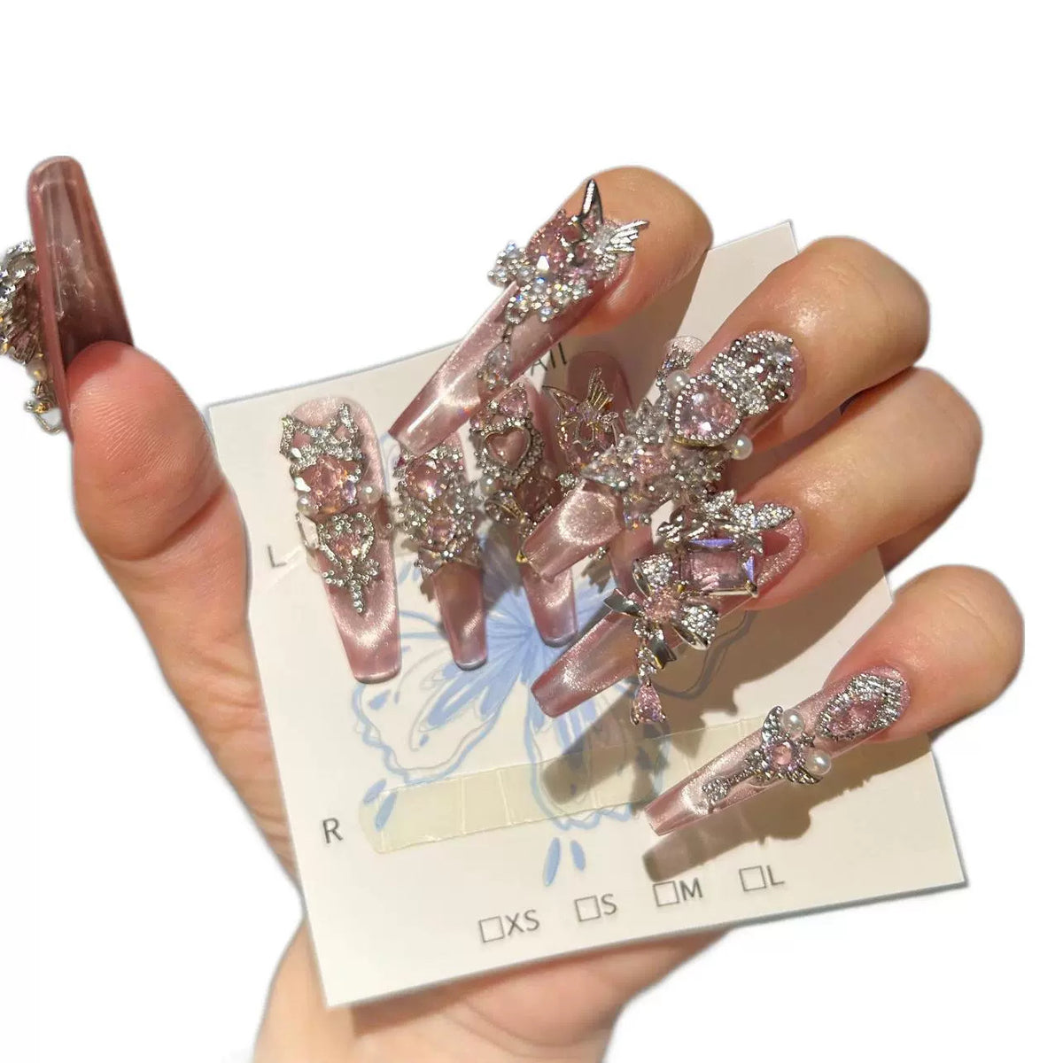 Handmade Pink Cat Eye Long Coffin Press On Nails with Large Pink Heart Crystals, Silver Rhinestone Crown & Butterfly Charms, Pearl Accents