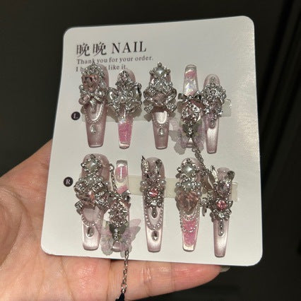 Handmade Baby Pink Gradient Long Coffin Press On Nails with Silver Filigree, Pink Crystals & Sheer Butterfly Charms