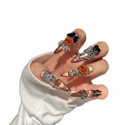Handmade Vintage Orange Cat Eye Press On Nails | Luxury Heavy Industry 3D Rose, Crown & Chain Reusable Fake Nails, Goth Nail Art
