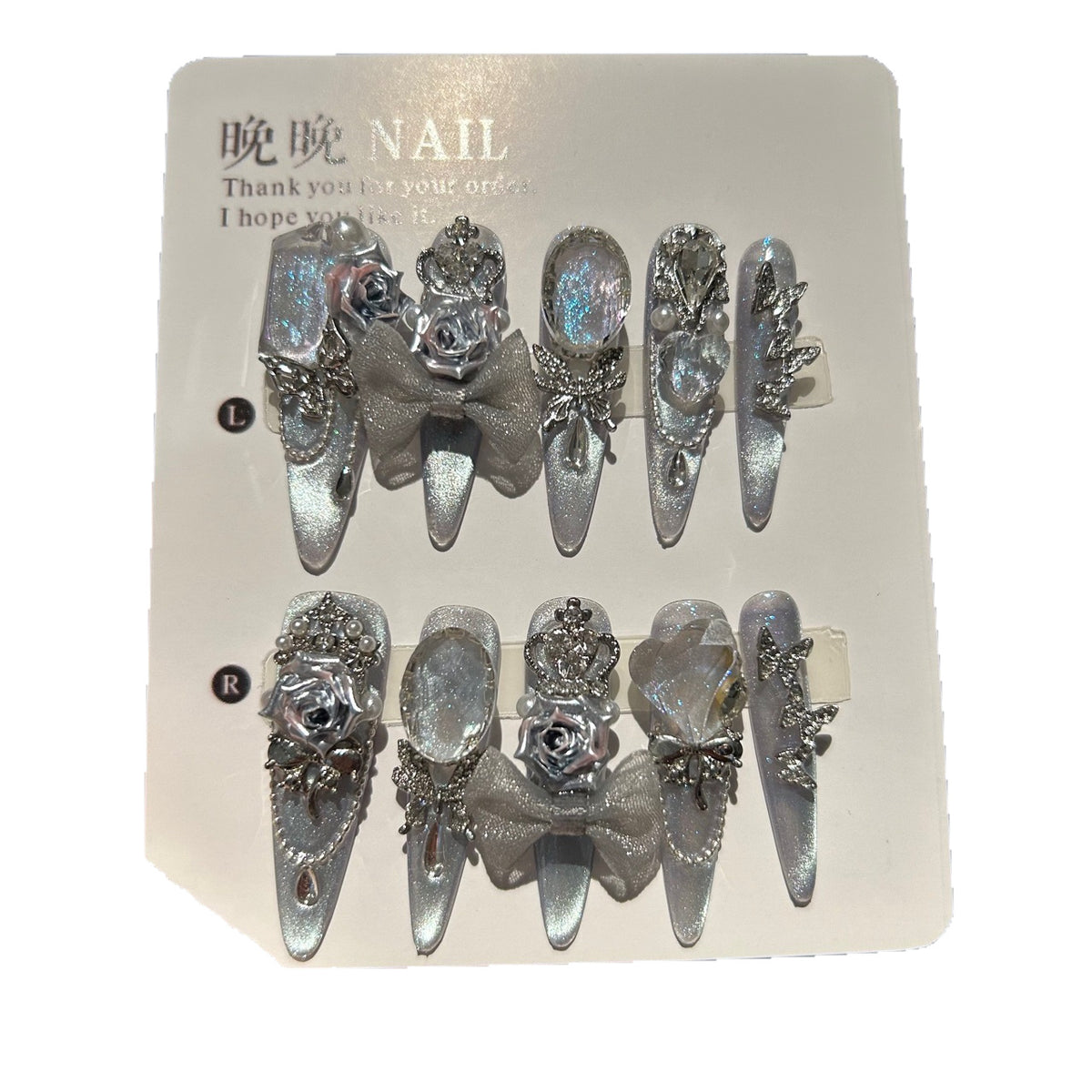 Handmade Silver Cat Eye Long Stiletto Press On Nails with 3D Silver Roses, Crown Charms, Glitter Bow, Butterfly Rhinestones & Pearls