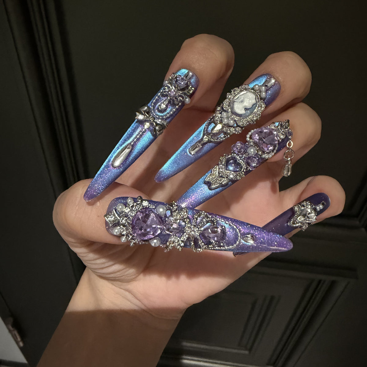 Handmade Blue Purple Cat Eye Long Stiletto Press On Nails with Purple Heart Crystals, Cameo Portrait & Dangling Chain Charms