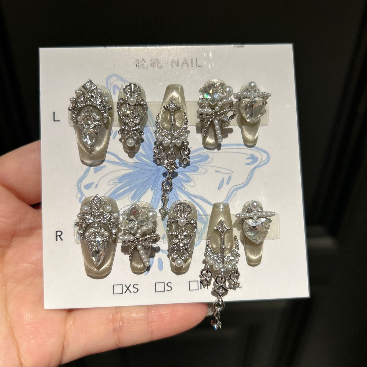 Handmade Cream Champagne Cat Eye Long Stiletto Press On Nails with Silver Rhinestone Filigree, Giant Heart Crystals & Dangling Chains
