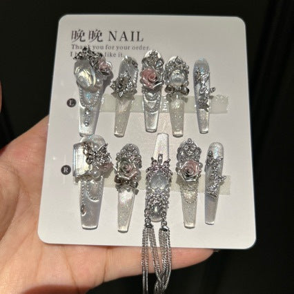 Handmade Iridescent Silver Rose Long Coffin Press On Nails with Butterfly Charms & Dangling Chains