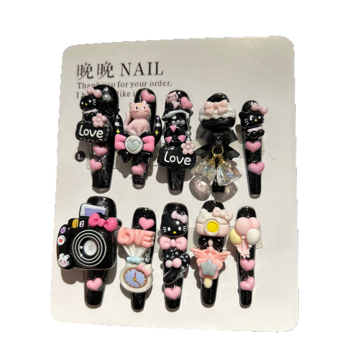 Black & Pink Glitter Coffin Press-on Nails with 3D Hello Kitty, Cute Cat, Camera, Clock, Bow, and Crystal Charms - Y2K Kawaii Fake Nail Set