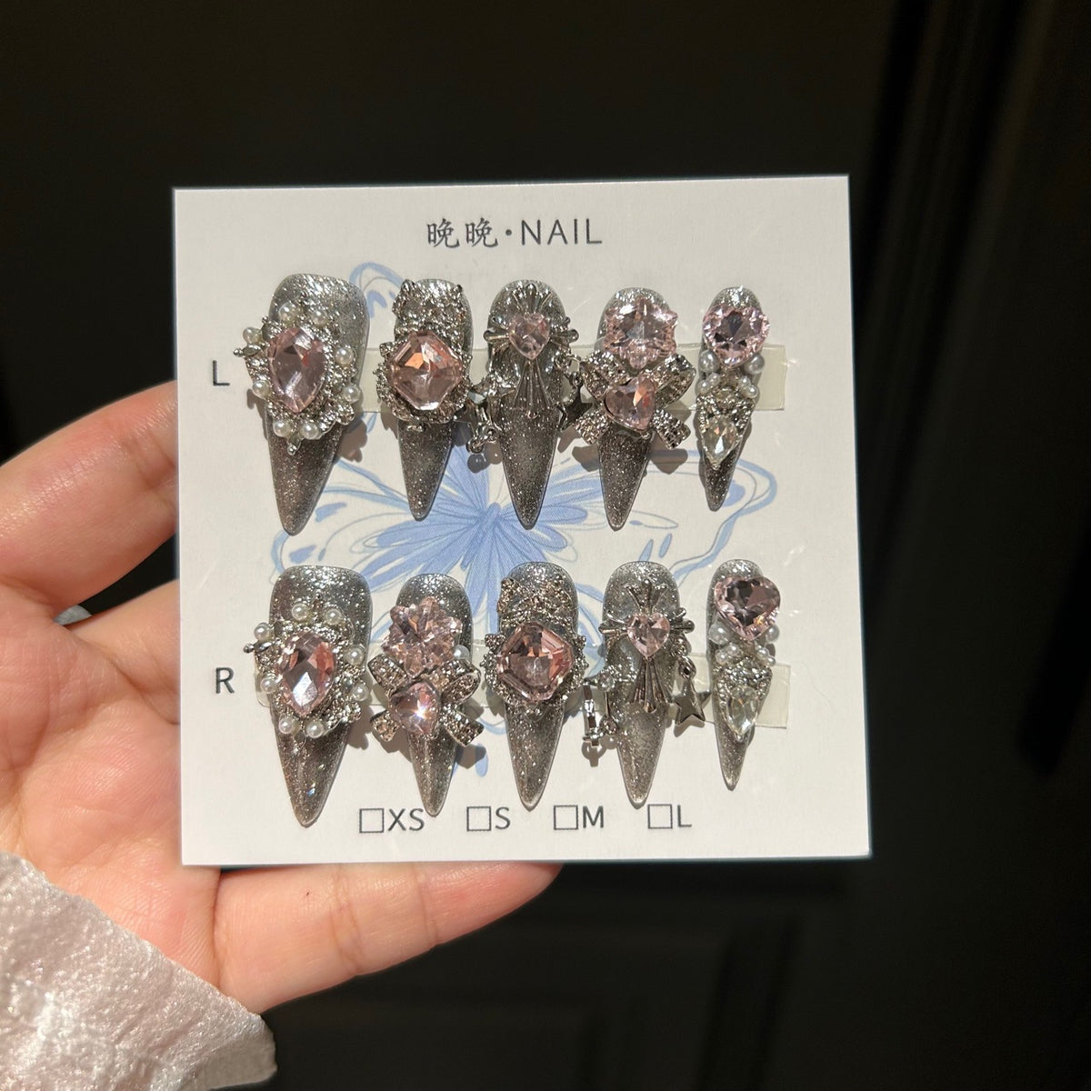 Handmade Silver Cat Eye Long Stiletto Press On Nails with Pink Heart Crystals, Rhinestone Bows & Pearl Charms