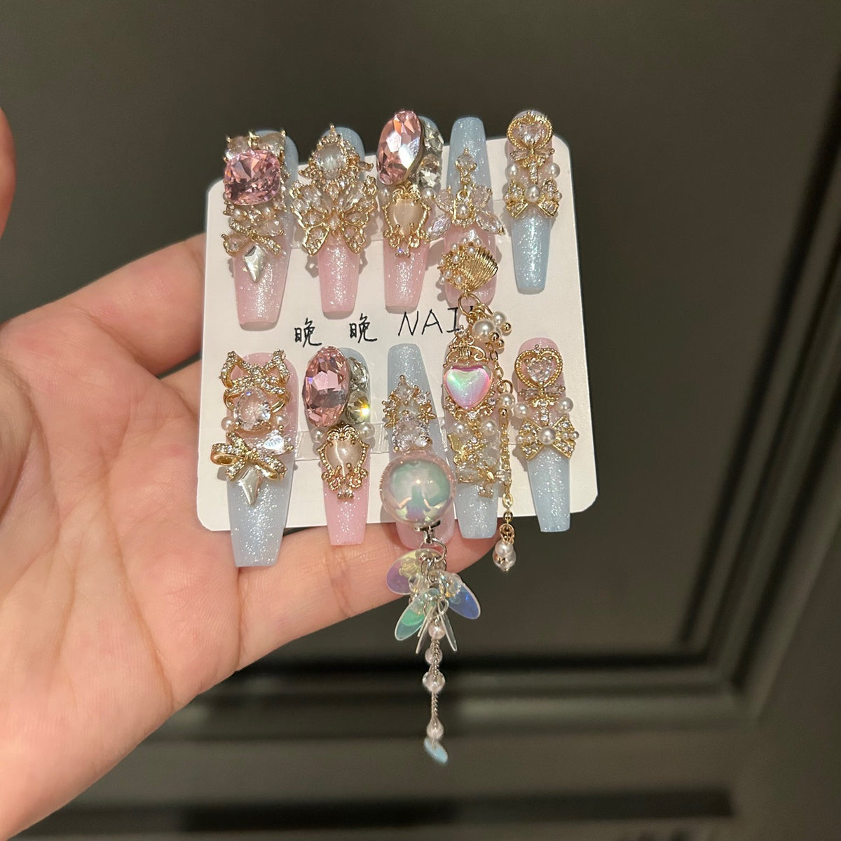 Handmade Pink Blue Ombre Gold Butterfly Long Coffin Press On Nails with Pink Crystals & Dangling Chains