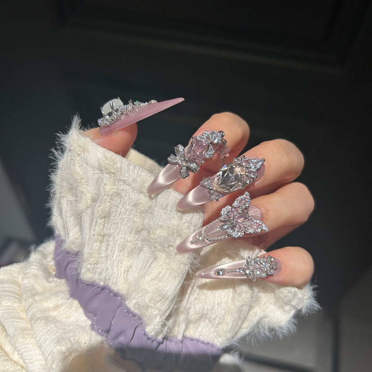 Handmade Nude Pink Chrome Long Stiletto Press On Nails with Pink Rhinestone Butterflies, Multi-Size Crystals, Pearl Accents & Silver Chain Tassels