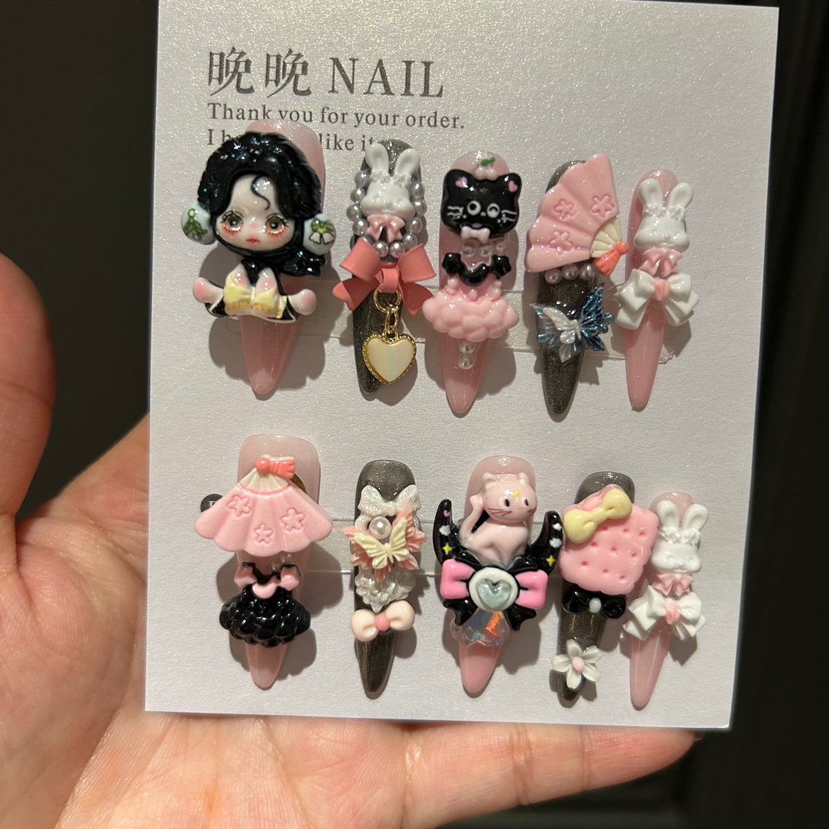 Handmade Kawaii Pink Long Stiletto Press On Nails with 3D Doll, Bunny & Black Cat Charms, Fan & Bow Decorations