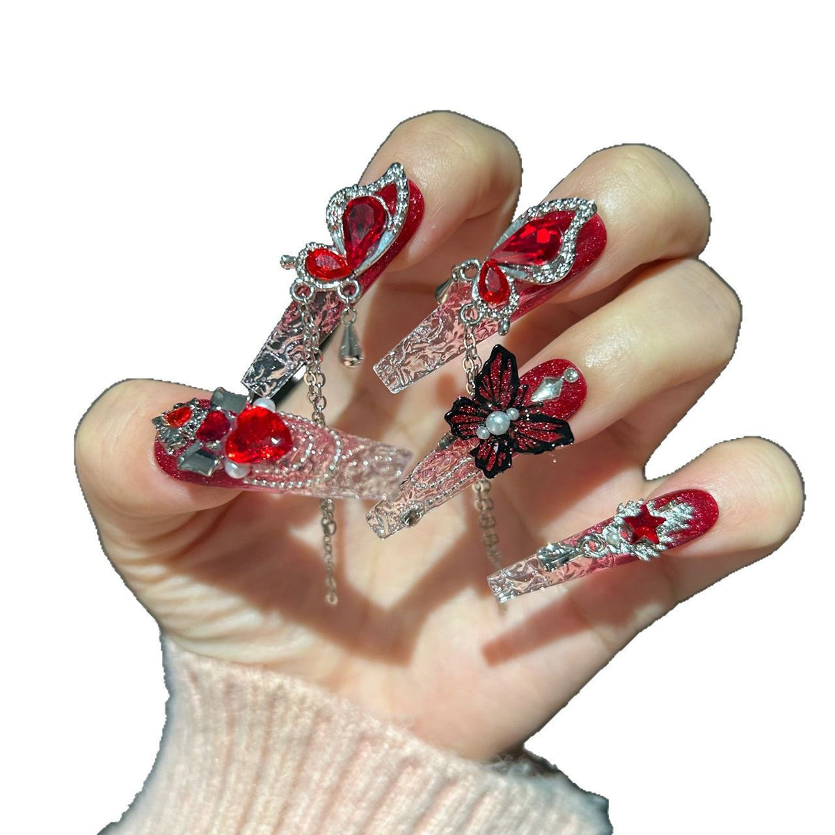 Handmade Red Glitter Ombre Clear Long Coffin Press On Nails with Red Heart Crystals & Black Butterfly Charms