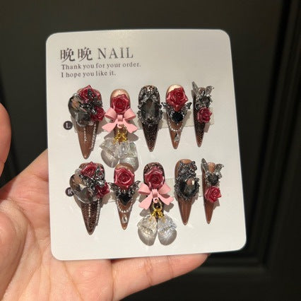 Handmade Brown Cat Eye Press On Nails | Luxury Heavy Industry 3D Red Rose, Pink Bow & Hanging Charms Reusable Fake Nails, Goth Art