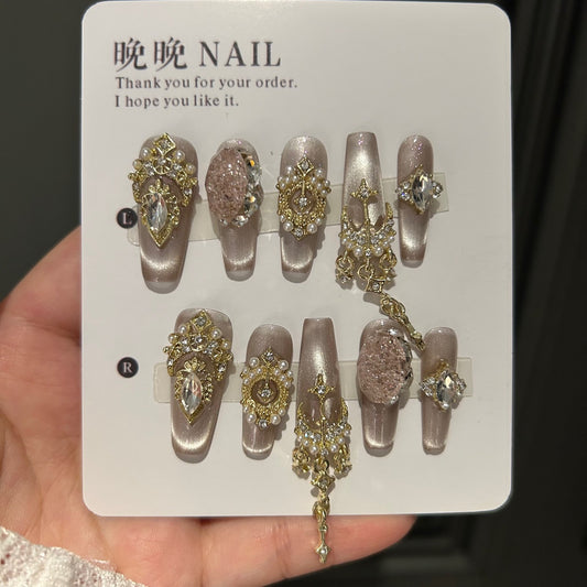Handmade Nude Champagne Cat Eye Long Coffin Press On Nails with Gold Rhinestone Crown Charms & Pearls