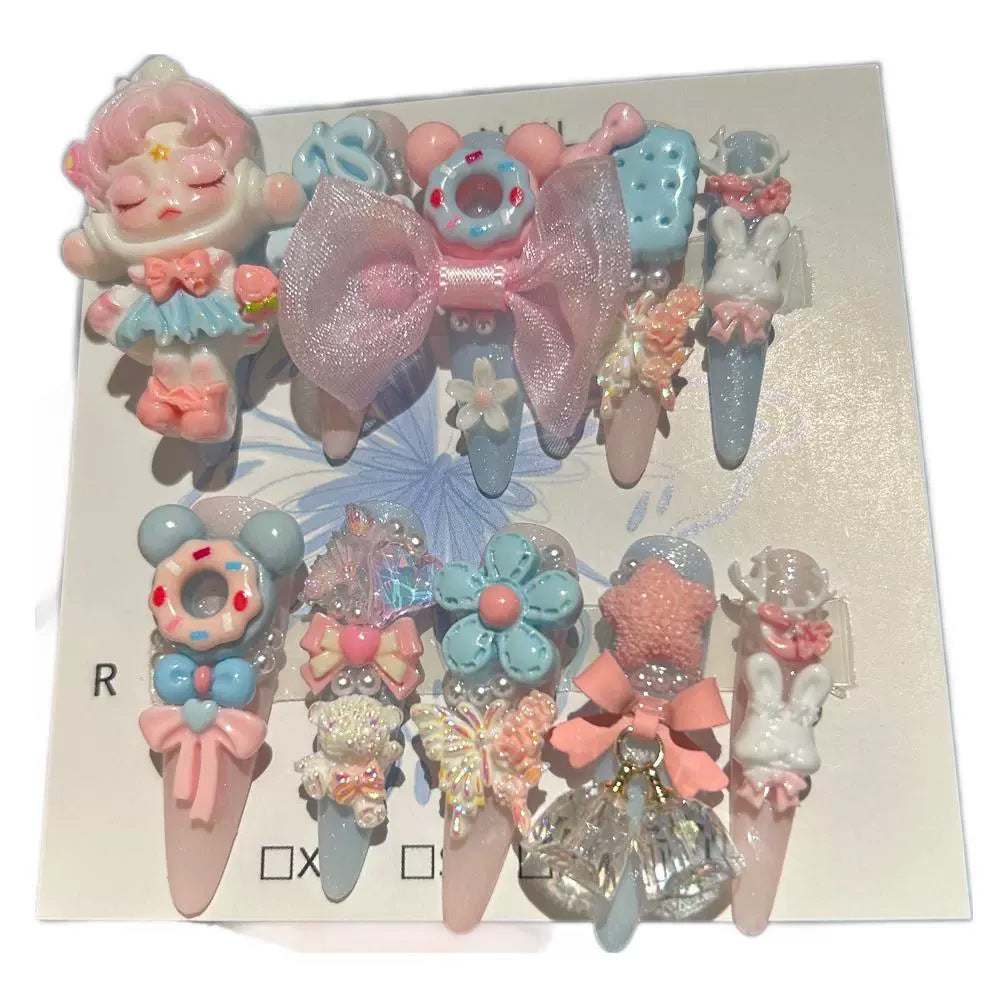 Handmade Pastel Kawaii Long Stiletto Press On Nails, 3D Cartoon Doll Bunny Donut False Nails with Bow & Resin Charms