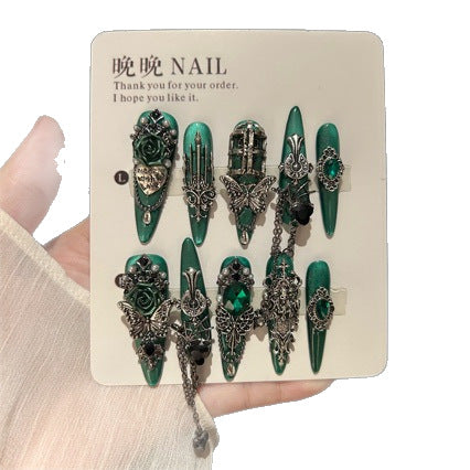Handmade Blue Silk Press On Nails | Luxury Mysterious Green & Satin Glow Reusable Fake Nails, High-End Elegant Nail Art