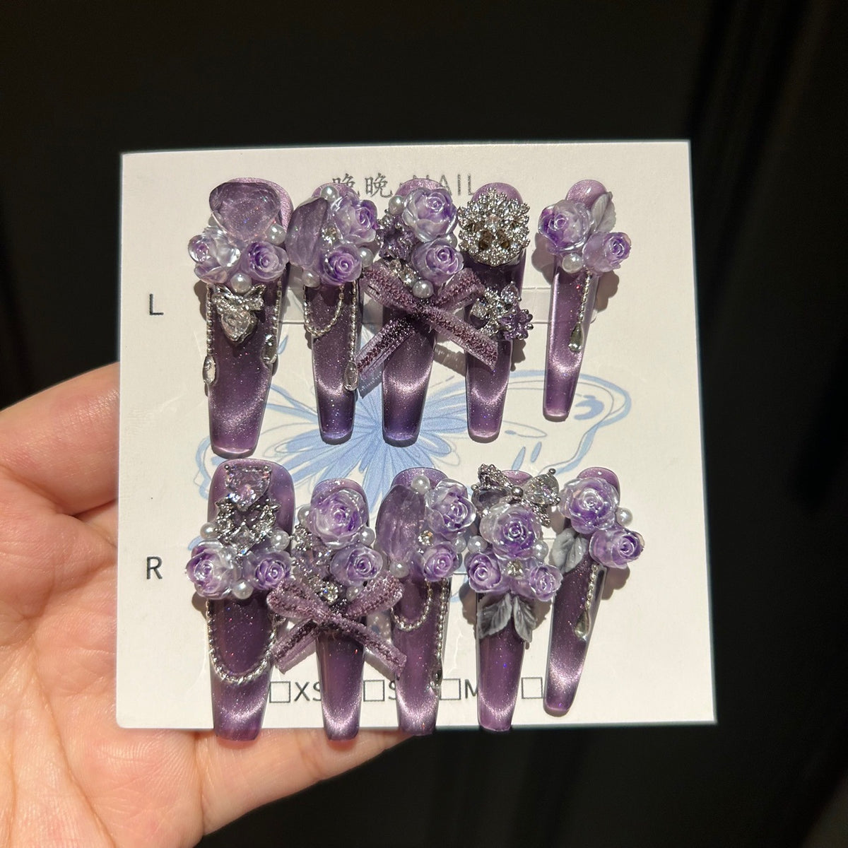 Handmade Purple Cat Eye Press On Nails, Long Coffin Fairy False Nails with 3D Purple Roses, Pearls, Rhinestones & Dangling Chains, Reusable Fake Nails for Wedding Party