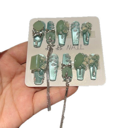Handmade Mint Green Cat Eye Long Coffin Press On Nails with Jade Charms, 3D Roses & Silver Tassel Chains