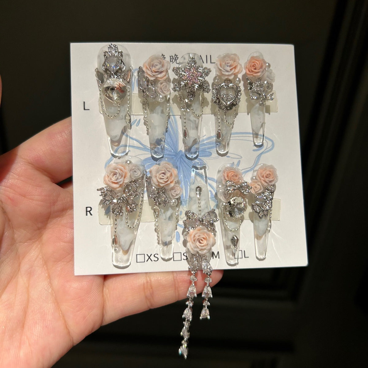 Handmade Clear Marble Long Stiletto Press On Nails with 3D Peach Roses, Silver Rhinestone Butterfly & Bow Charms, Heart Crystals & Dangling Chains