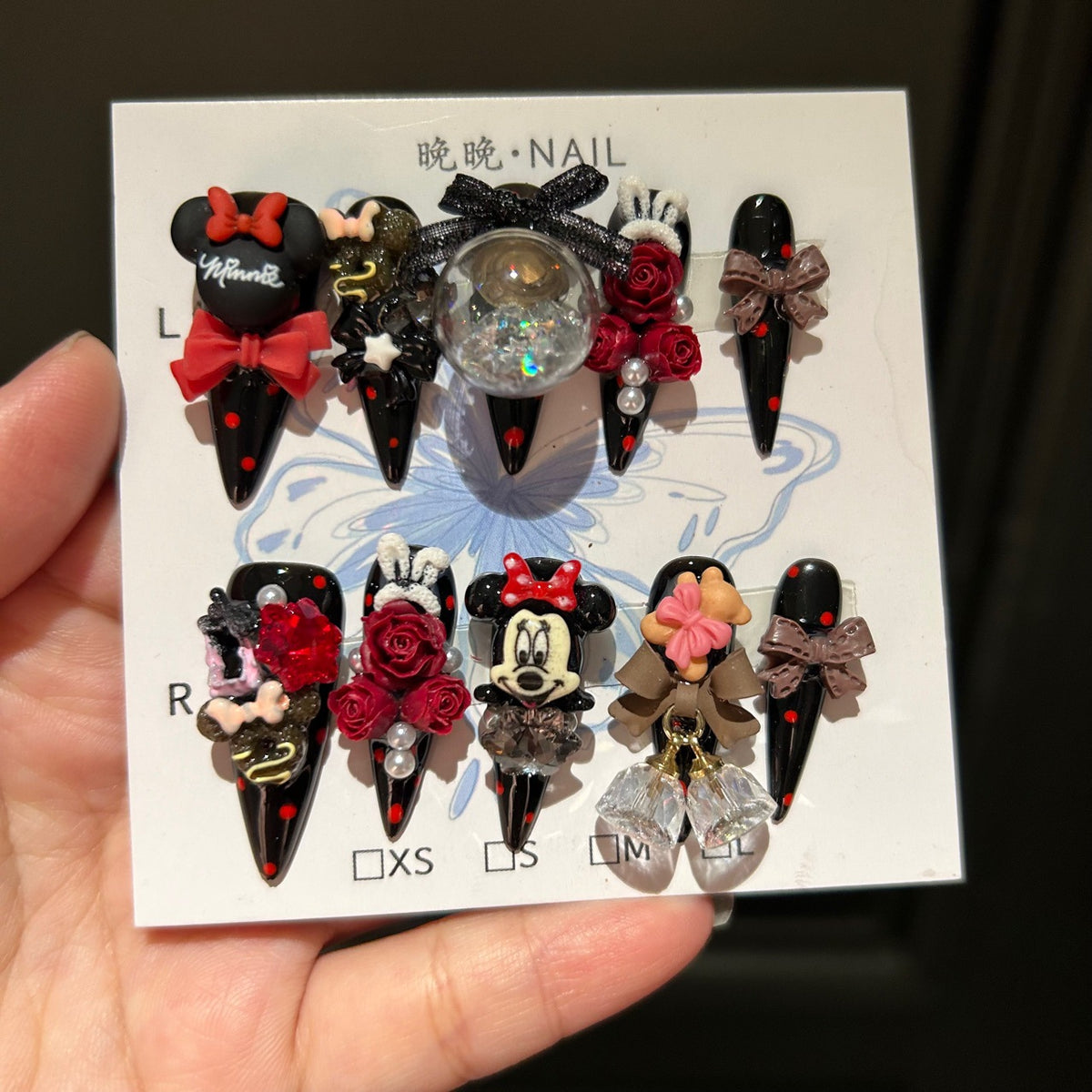 Dark & Red Stiletto Press-on Nails with 3D Mickey Minnie, Glitter Snow Globe, Red Roses, Brown Bow, and Crystal Bell Charms - Y2K Gothic Kawaii Fake Nail Set