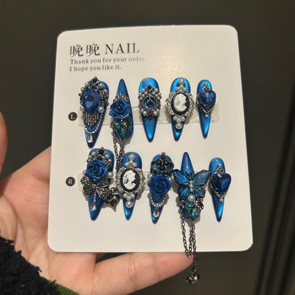 Handmade Royal Blue Gothic Press On Nails, Long Stiletto Metallic False Nails with 3D Blue Rose, Cameo Portrait, Pearls Rhinestones & Dangling Chain, Reusable Fake Nails for Party Cosplay