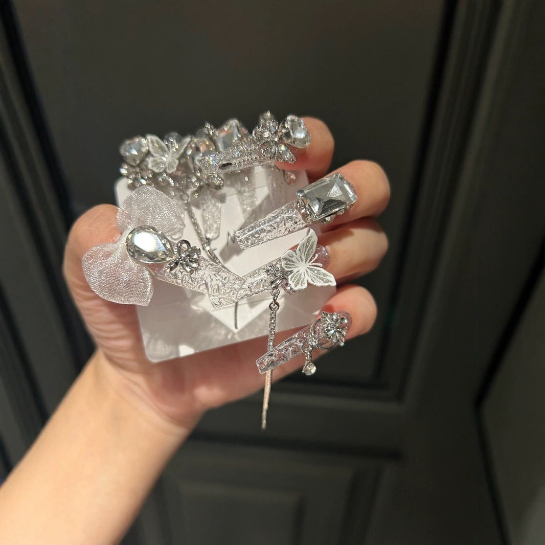 Silver Glitter Coffin Press-on Nails with 3D Mesh Bowknot, Crystal Rhinestone, and Hanging Chain Charms - Luxury Fairy Fake Nail Set