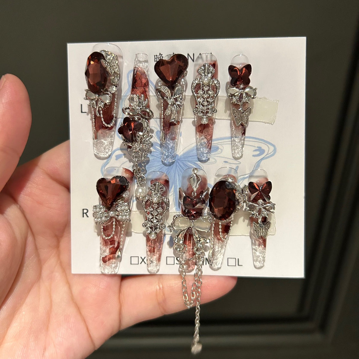 Handmade Red Smoke Gradient Long Coffin Press On Nails with Dark Red Heart Crystals, Butterfly Charms & Dangling Silver Chains