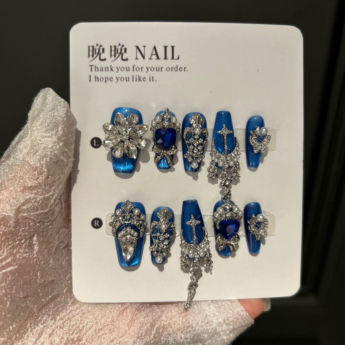 Handmade Royal Blue Cat Eye Long Coffin Press On Nails with Heart Sapphire Crystals & Crown Charms