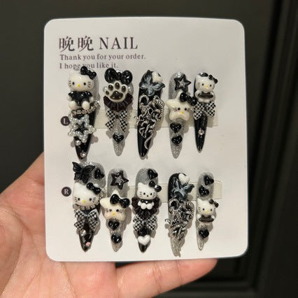 Handmade Gothic Hello Kitty Press On Nails, Long Stiletto 3D Charm False Nails, Black Silver Glitter Y2K Plaid Bow Reusable Nail for Party Cosplay