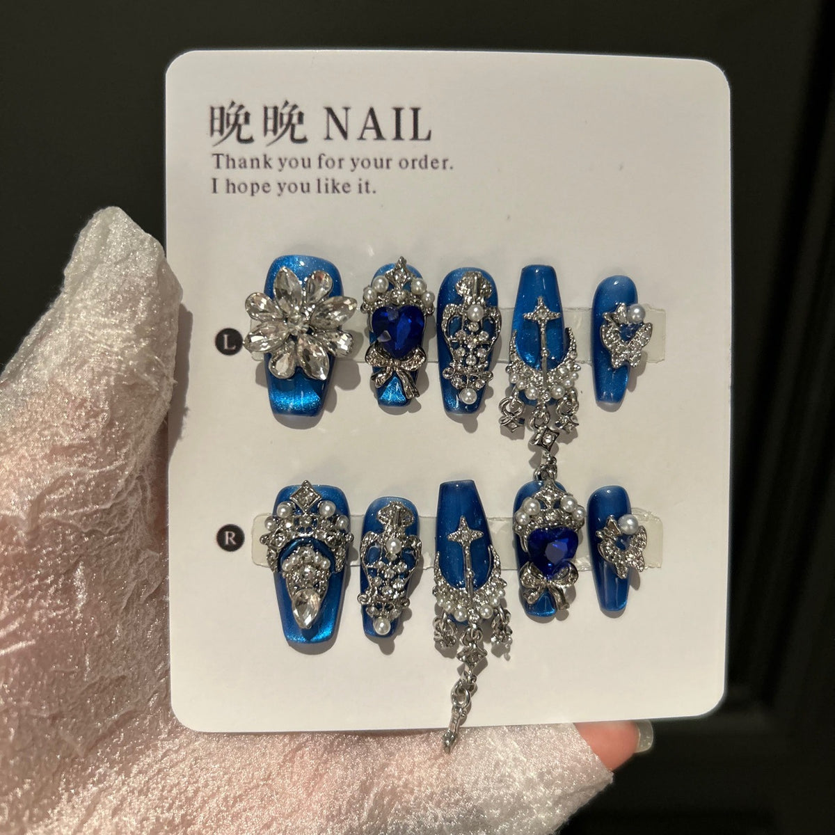 Handmade Royal Blue Cat Eye Long Coffin Press On Nails with Heart Sapphire Crystals & Crown Charms