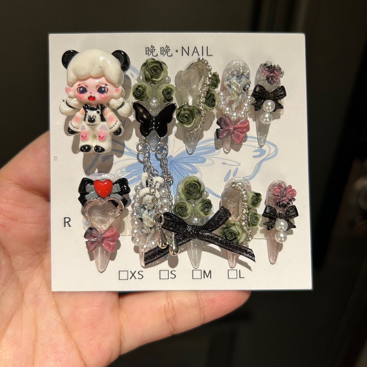 Handmade Clear Glitter Long Stiletto Press On Nails with 3D Panda Girl Resin Charms, Dark Green Roses, Butterfly, Fabric Bows, Pearls & Dangling Chains