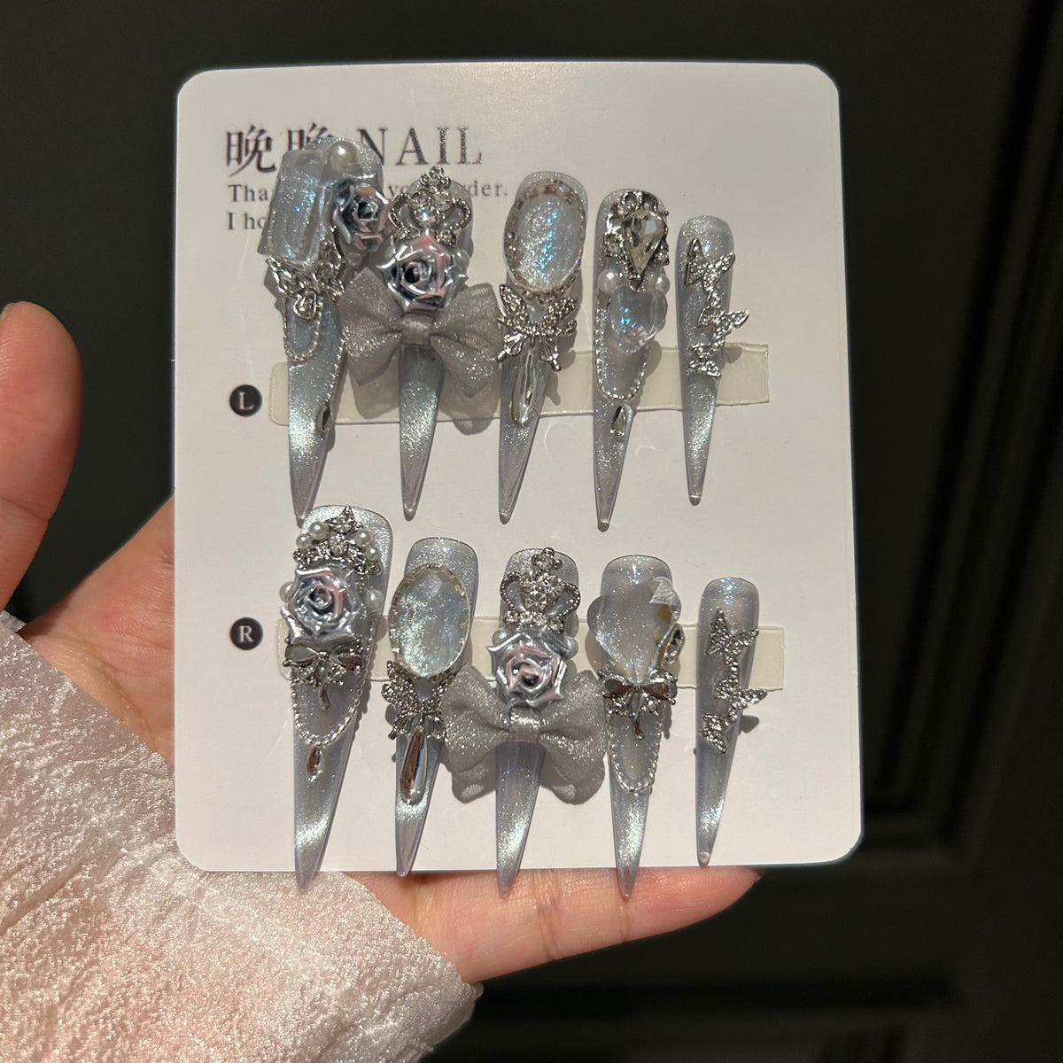 Handmade Silver Cat Eye Long Stiletto Press On Nails with 3D Silver Roses, Crown Charms, Glitter Bow, Butterfly Rhinestones & Pearls