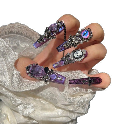 Handcrafted Luxury Purple Gothic Press-on Nails - Baroque Style Cameo, Pearl, and Evil Eye Charms - Exquisite Nail Art Kit