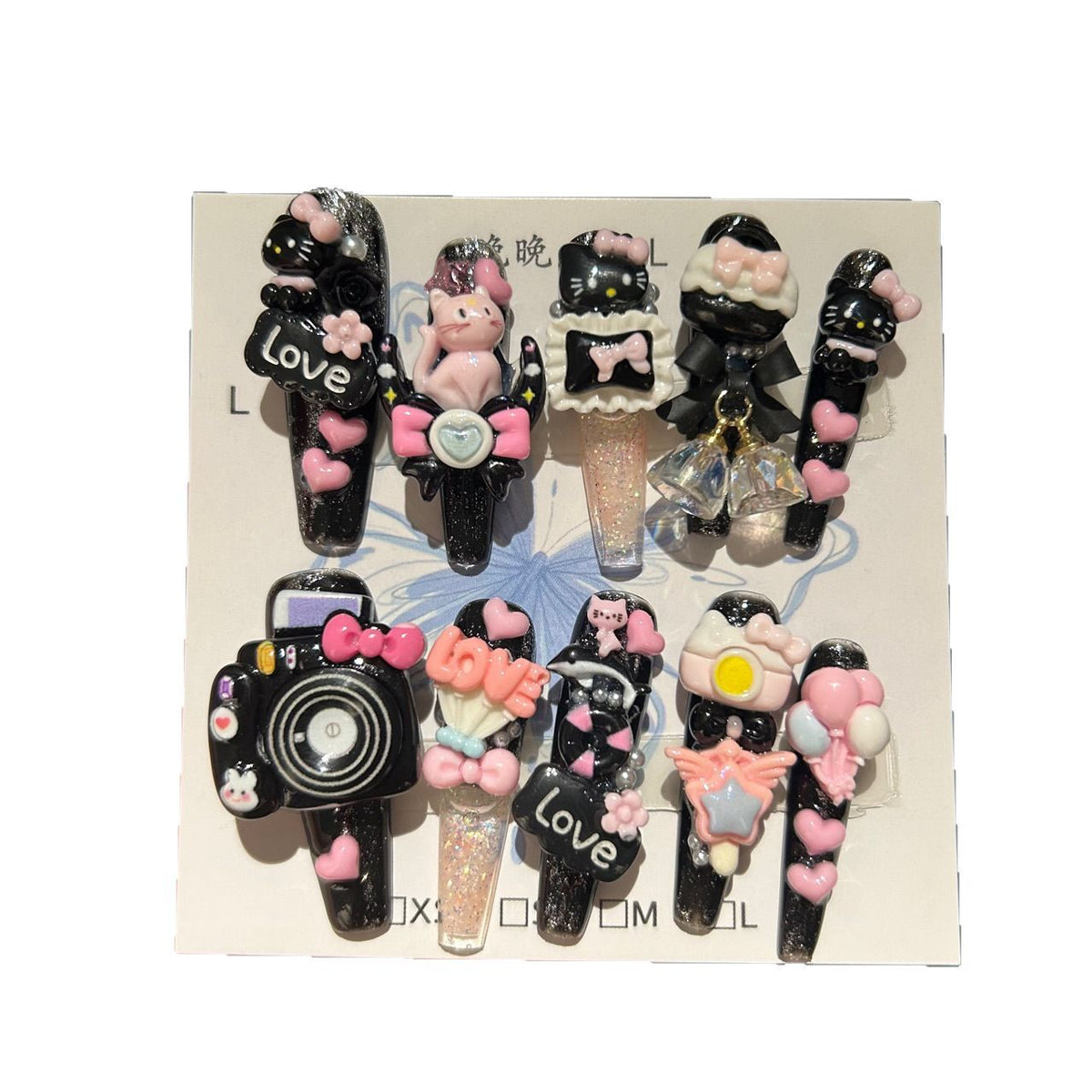 Handmade Black Kawaii Hello Kitty Long Stiletto Press On Nails with 3D Resin Charms