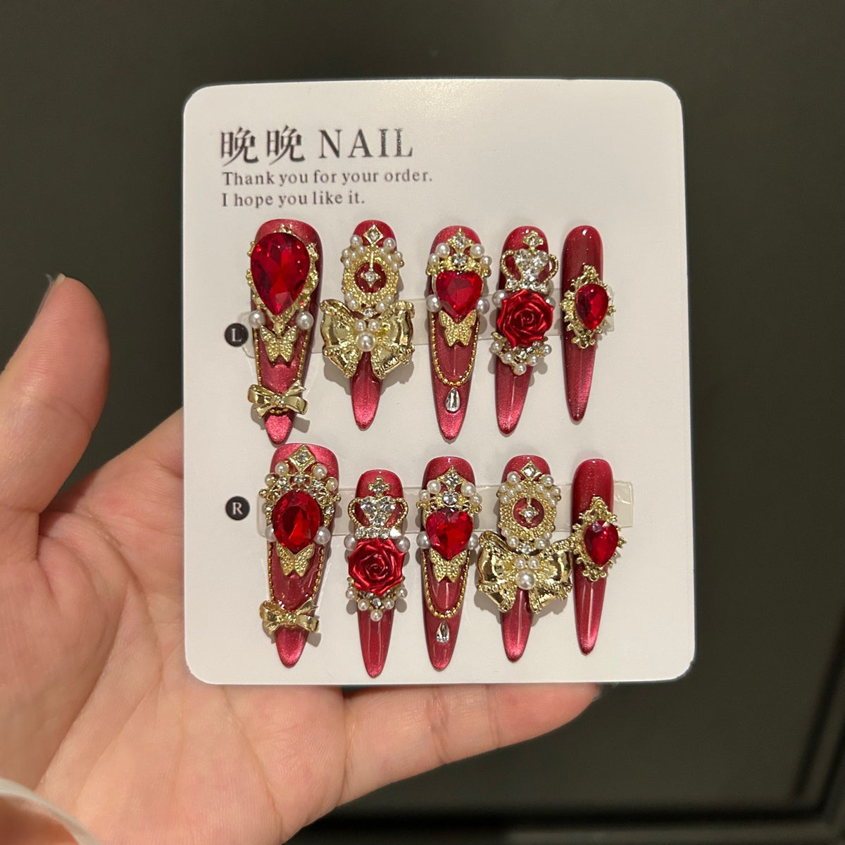 Handmade Red Metallic Long Stiletto Press On Nails with Red Heart Crystals, Gold Frame & 3D Red Rose Charms