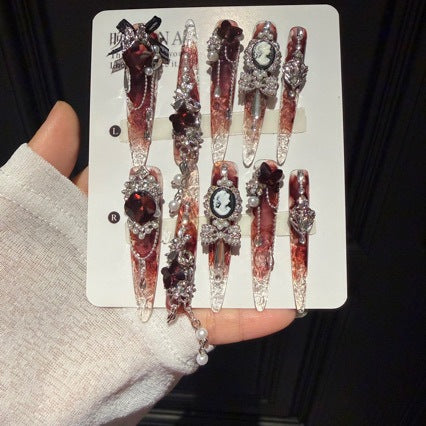 Handmade Burgundy Ombre Long Stiletto Press On Nails, Vintage Cameo Portrait False Nails with Dark Roses, Pearls & Dangling Chains