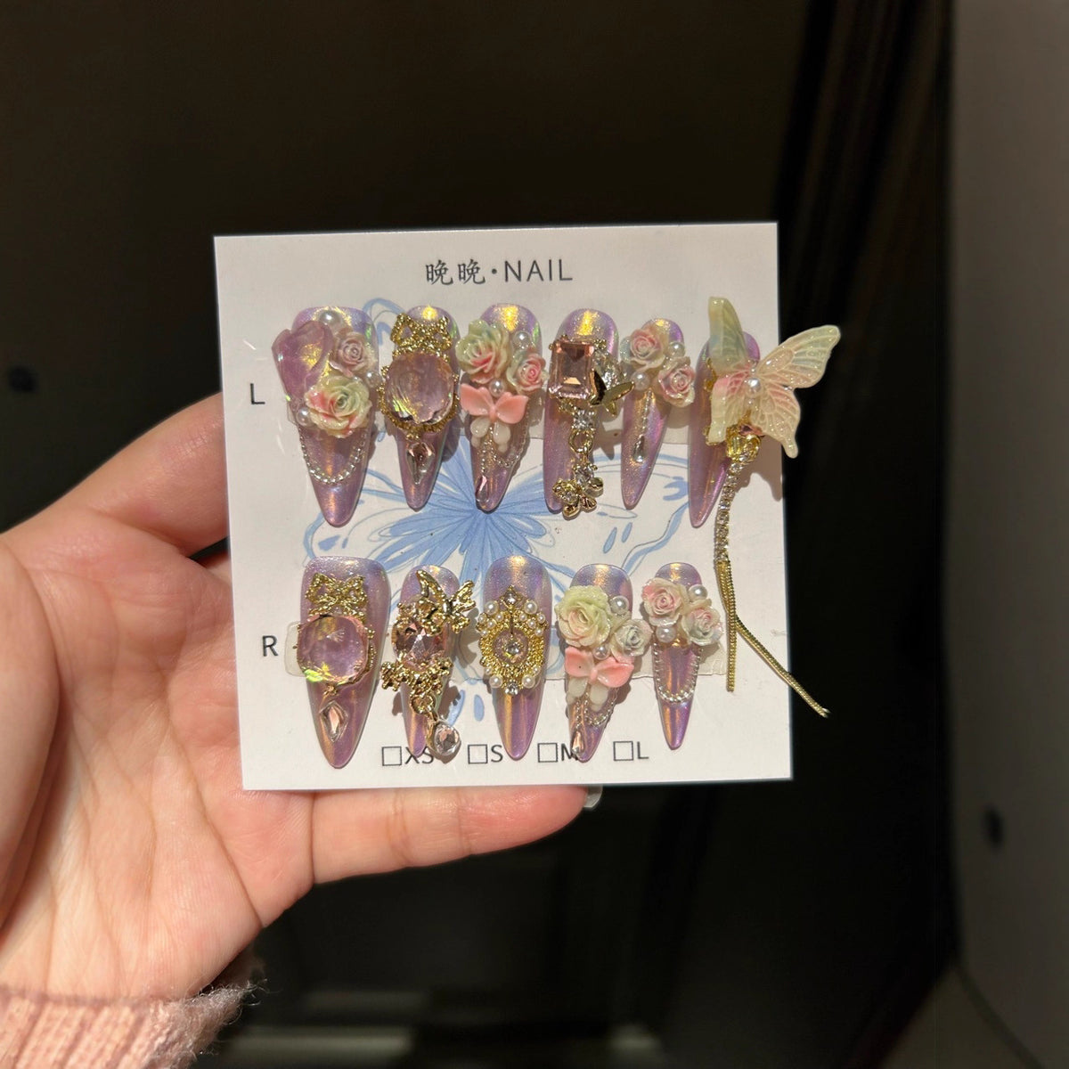 Holographic Purple-Pink Cat Eye Stiletto Press-on Nails with Oversized Fairy Butterfly, 3D Gradient Roses, Vintage Gold Frame, and Draping Chain - Fantasy Glam Fake Nail Set