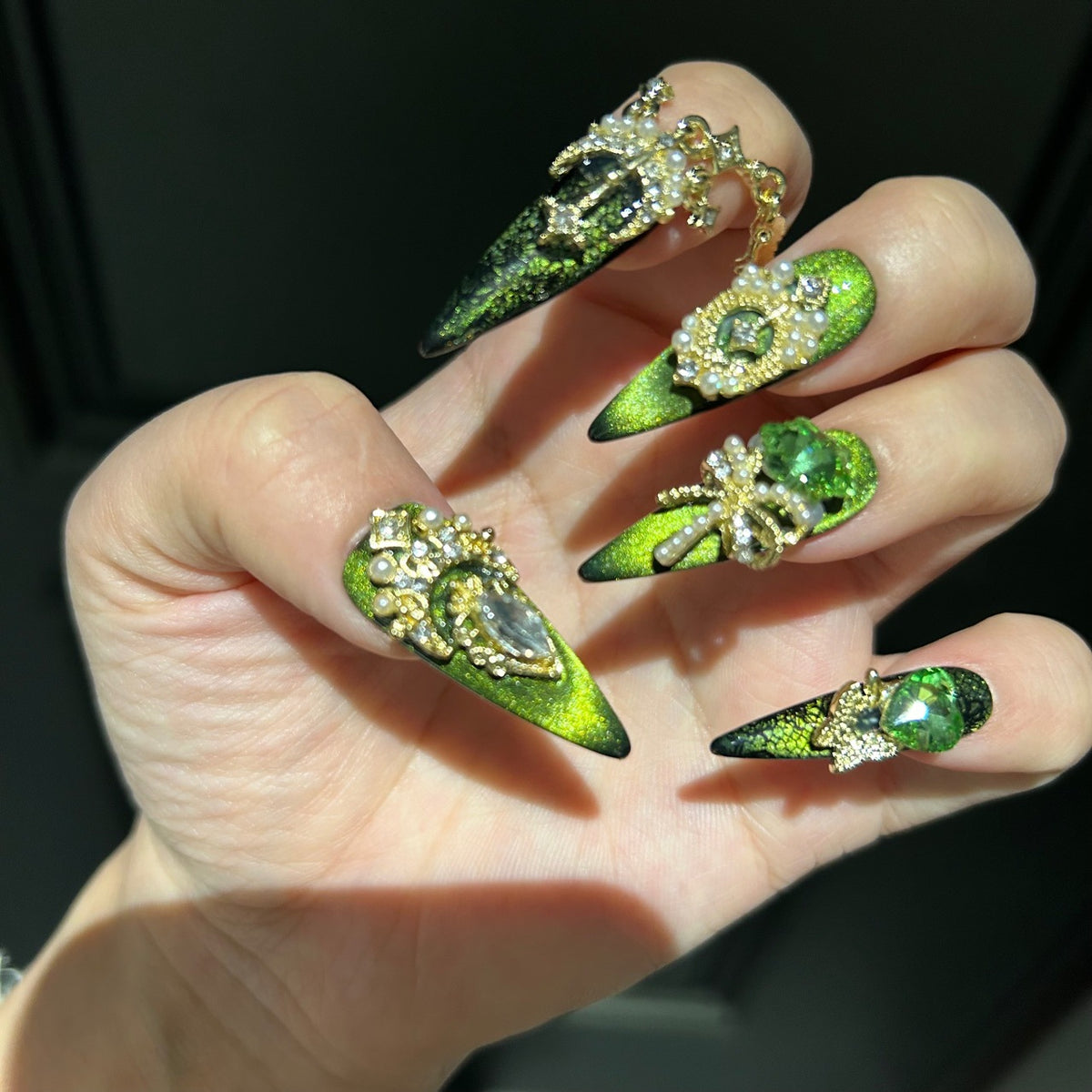 Handmade Emerald Green Cat Eye Long Stiletto Press On Nails with Giant Green Heart & Star Crystals, Gold Filigree & Pearl Ornaments