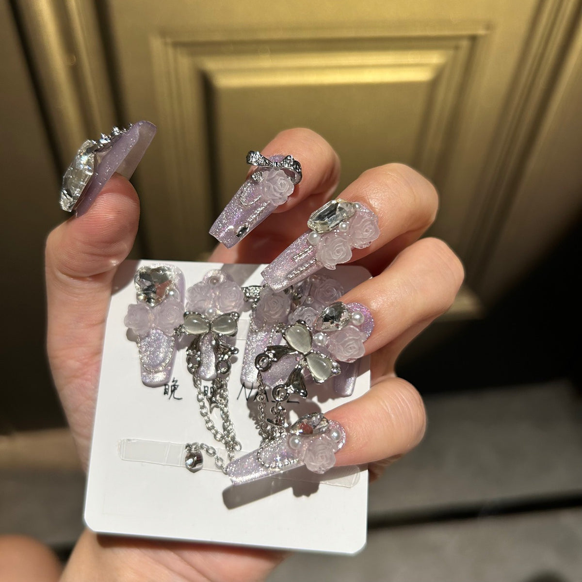 Handmade Pale Lavender 3D Rose Long Coffin Press On Nails with Bow, Crystals & Dangling Chains