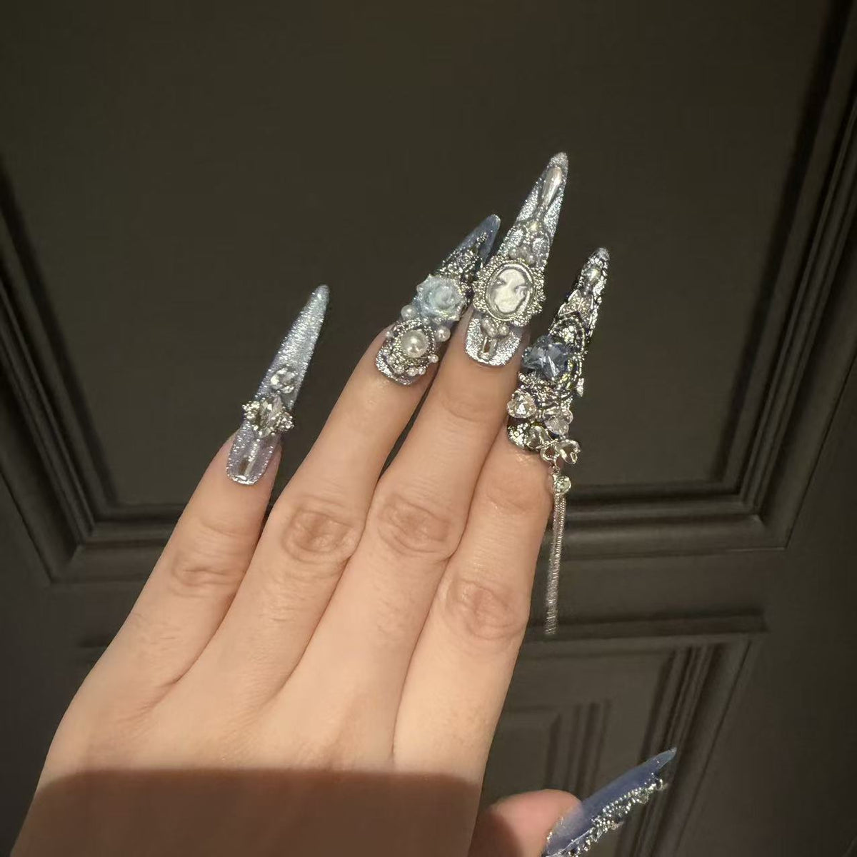 Handmade Silver Blue Cat Eye Long Stiletto Press On Nails with Vintage Portrait Cameo & Blue Rose Charms