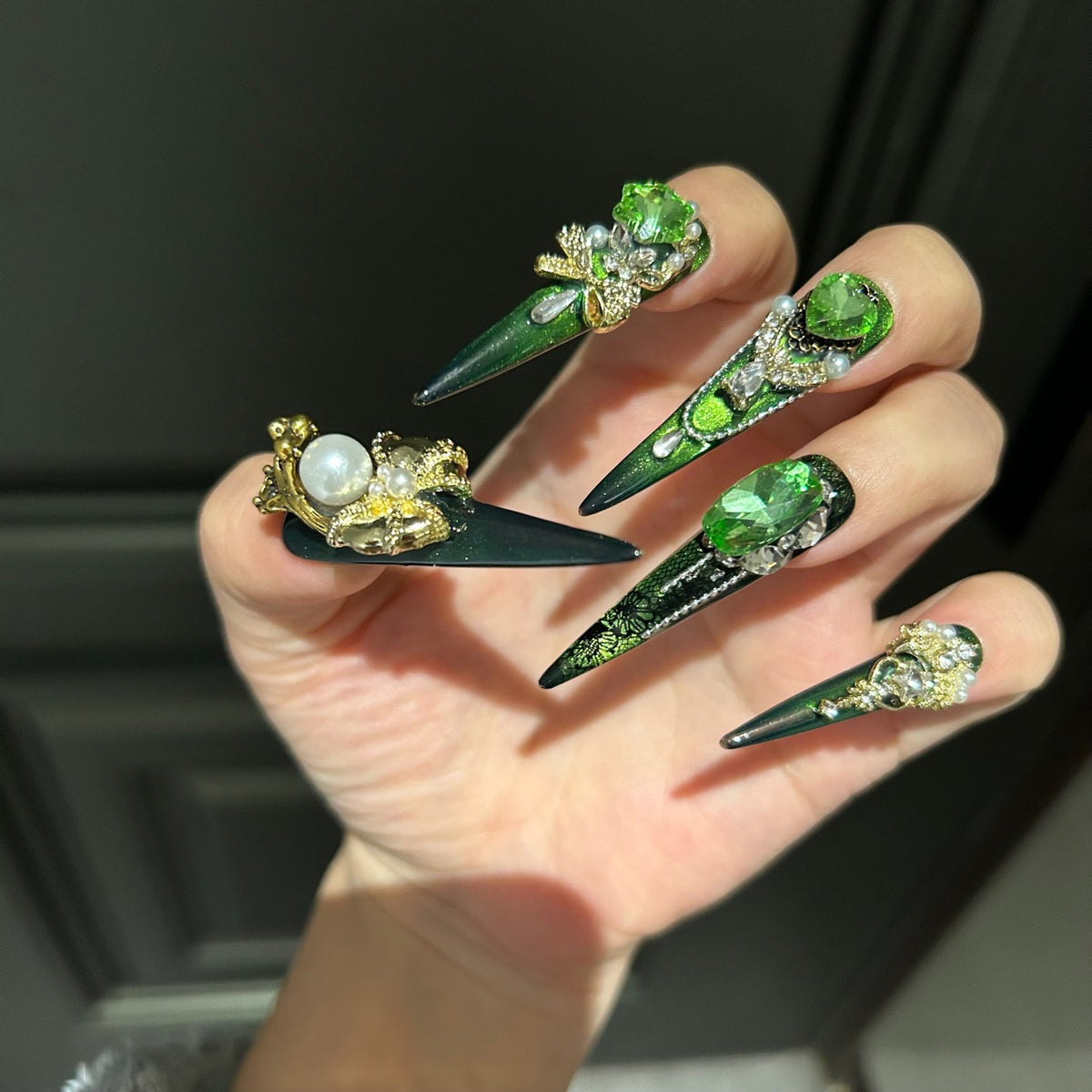 Handmade Green Cat Eye Long Stiletto Press On Nails with Lion King Charms, Green Heart Crystals & Gold Pearl Ornaments