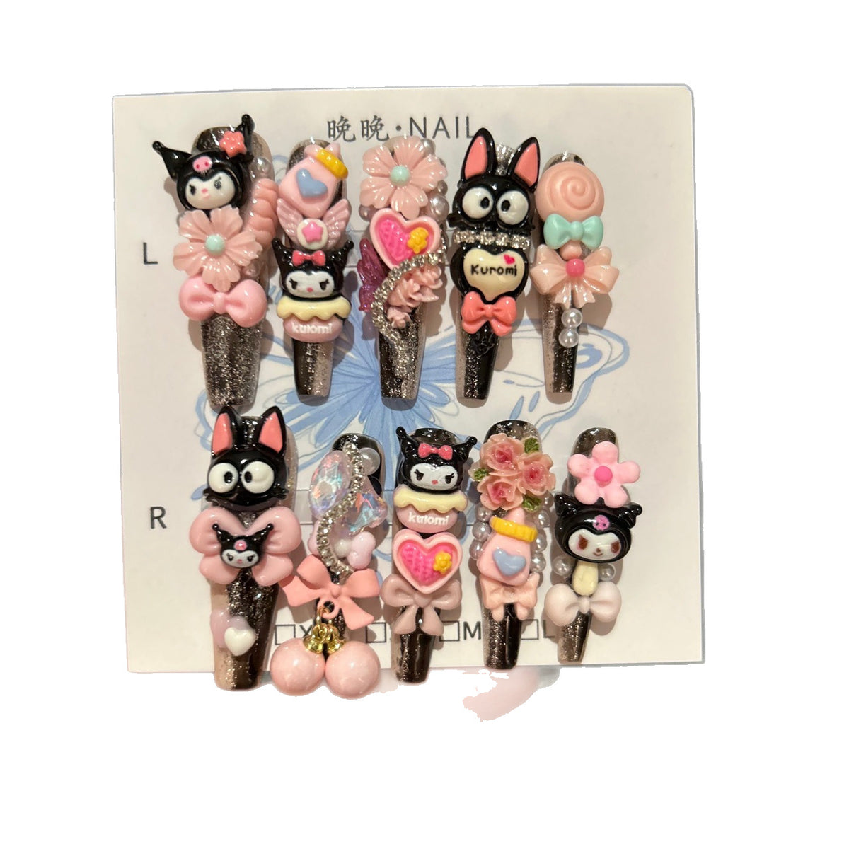 Handmade Kuromi Kawaii Long Stiletto Press On Nails with 3D Resin Charms, Pink Bows & Flowers
