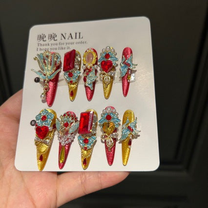Handmade Chinese Style Red Gold Long Stiletto Press On Nails with Blue Phoenix Charms, Large Red Heart Crystals, Pearl Clusters & Gold Filigree