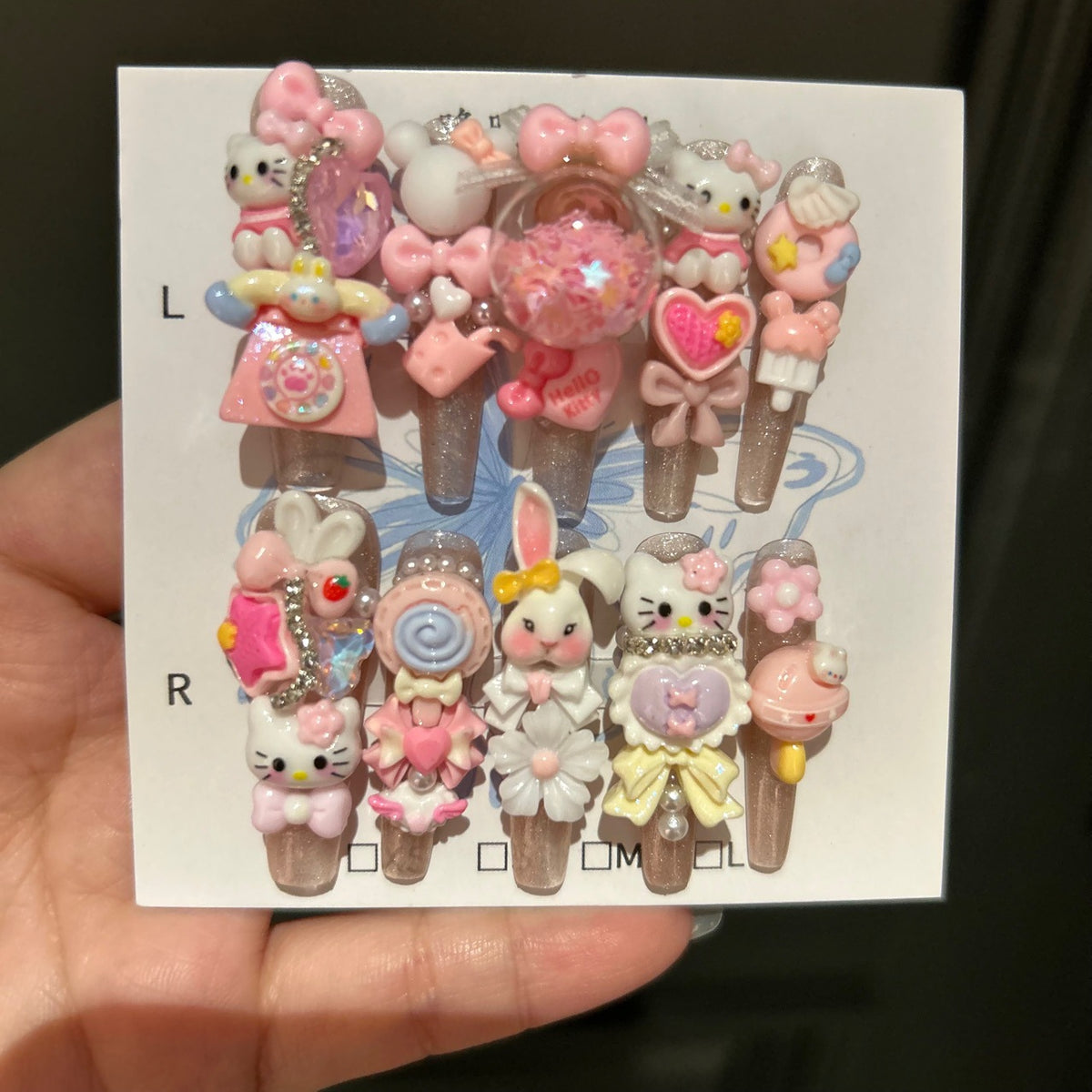 Handmade Pink Kawaii 3D Cartoon Long Stiletto Press On Nails with Hello Kitty, Bunny, Candy & Shaker Bubble Charms