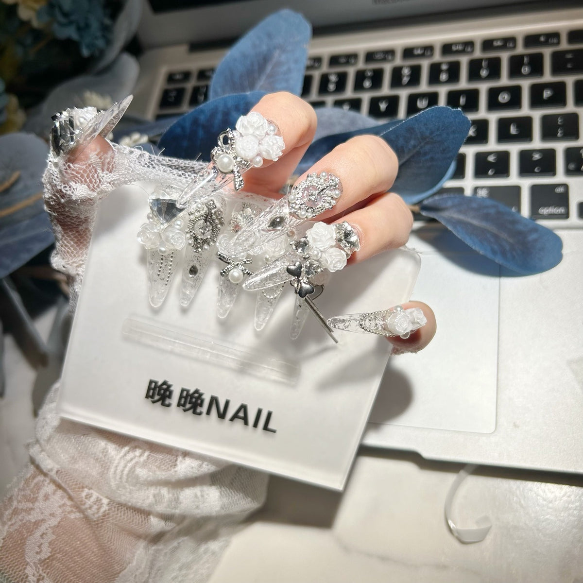 Handmade Clear Glitter White Rose Long Stiletto Press On Nails with Pearls & Silver Rhinestone Charms