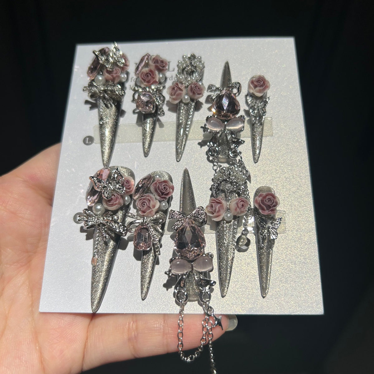 Handmade Silver Glitter Long Stiletto Press On Nails with Dusty Pink 3D Roses & Pink Teardrop Crystal Charms