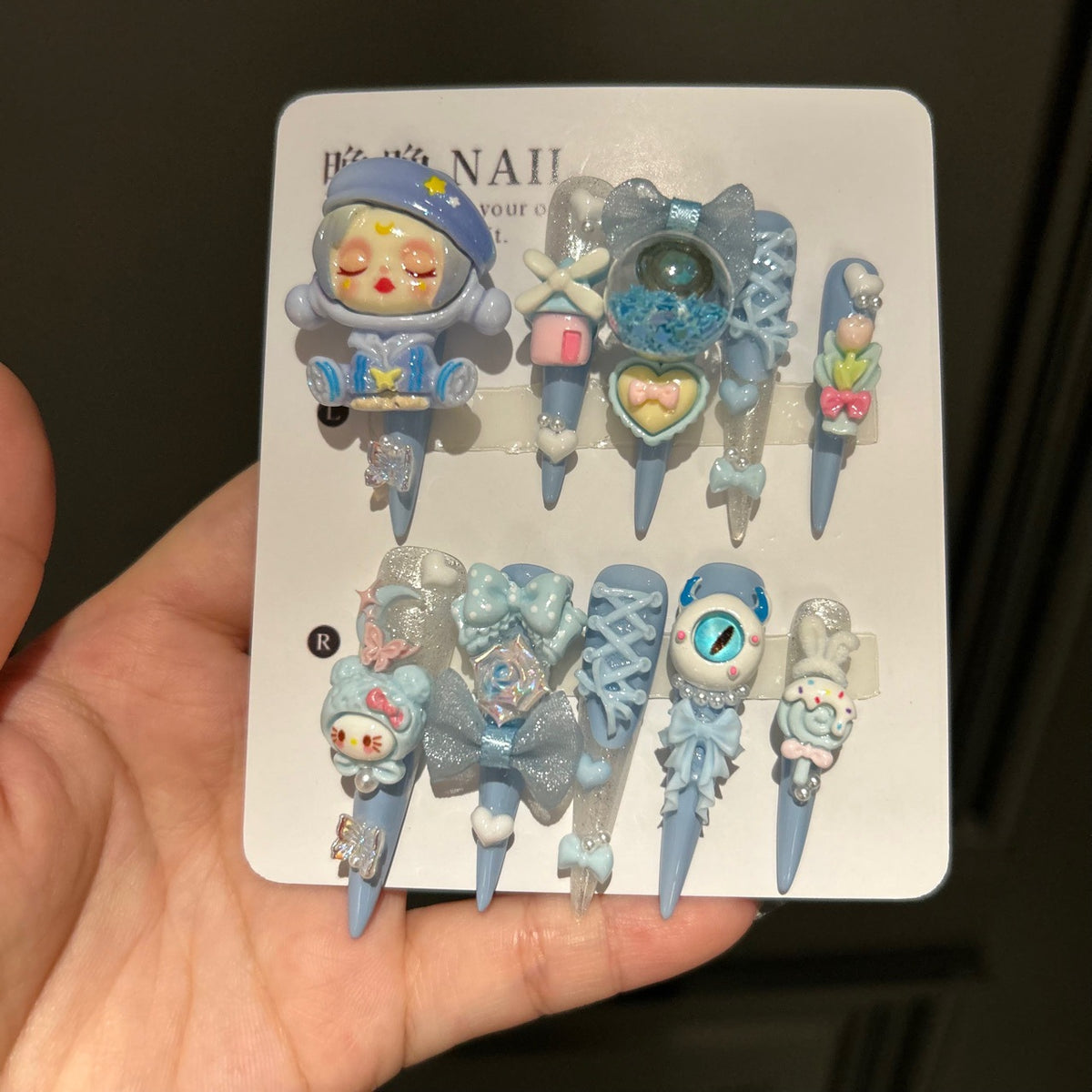 Handmade Blue Kawaii Space Doll Long Stiletto Press On Nails with 3D Resin Charms